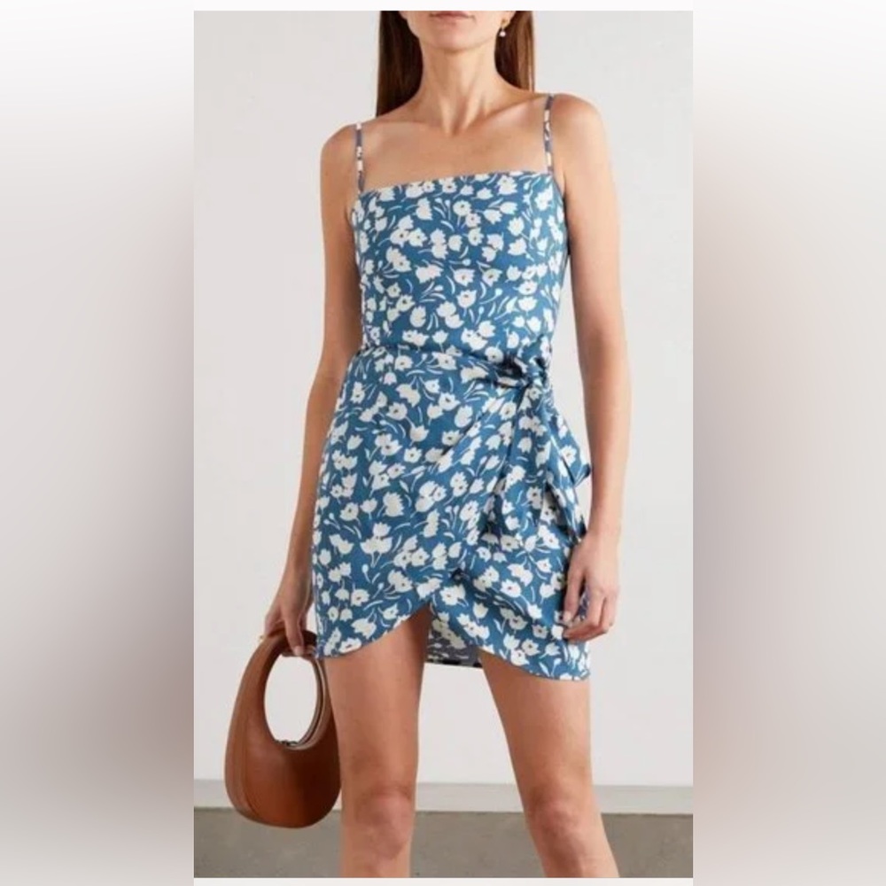 REFORMATION Canal Wrap-effect Floral-print Crepe Mini Dress in Blue size 4
